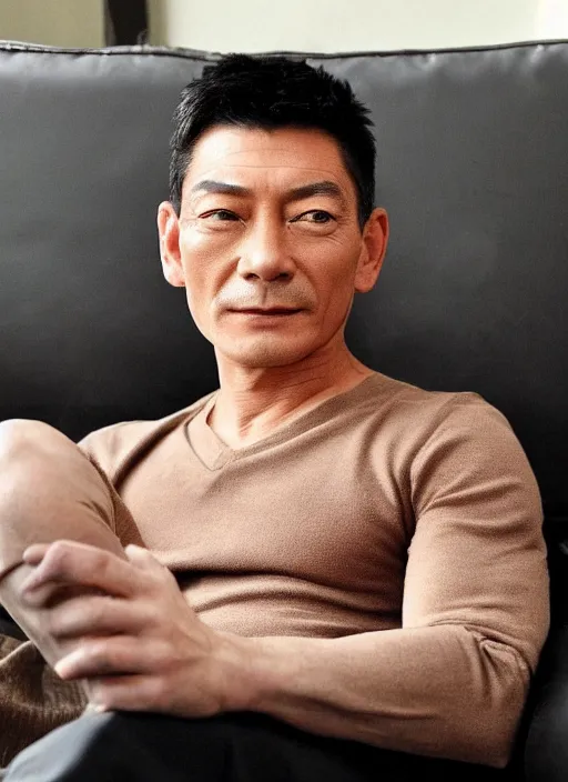 Image similar to hong kong star andy lau sits on the sofa and smokes