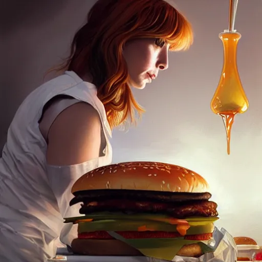 Image similar to Kelly Reilly performing emergency surgery on a big mac hamburger, dripping BBQ Sauce, operating on burgers, operating room, surgical gear, intricate, elegant, highly detailed, digital painting, artstation, concept art, matte, sharp focus, illustration, art by Artgerm and Greg Rutkowski and Alphonse Mucha