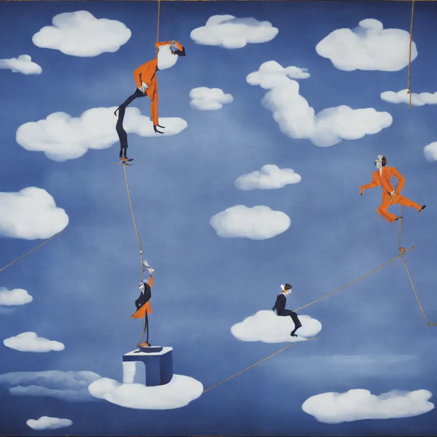 Prompt: surrealist artwork about following a tightrope artist who walks among clouds and falls down a city of illusions '. blue indigo colour scheme