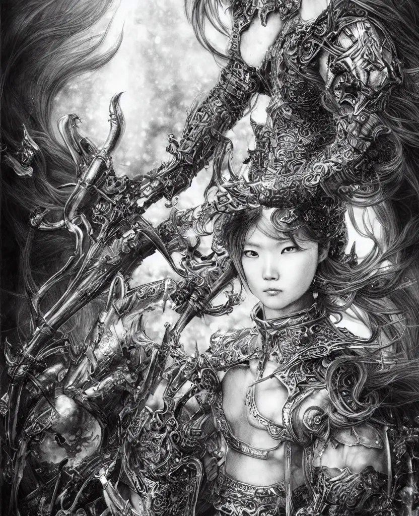 Image similar to hyper - realistic pencil drawing inspired by shinichi sakamoto of a fantasy warrior with hyper detailed and ornate art nouveau medieval armor, long hair twirling, very exaggerated fisheye perspective, art by yoshitaka amano and kojima ayami