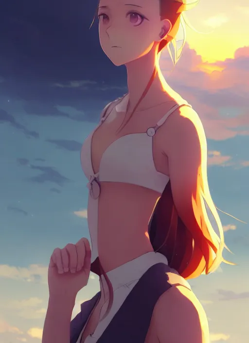 Prompt: side portrait of cute girl, sunset sky in background, beach landscape, illustration concept art anime key visual trending pixiv fanbox by wlop and greg rutkowski and makoto shinkai and studio ghibli and kyoto animation, futuristic wheelchair, symmetrical facial features, should eyes, future clothing, realistic anatomy, backlit, moegap yandere