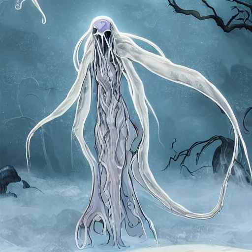 Prompt: concept designs of an ethereal ghostly wraith like figure with a squid like parasite latched onto its transparent skull and long tentacle arms that flow lazily but gracefully at its sides like a cloak while it floats around a frozen rocky tundra in the snow searching for lost souls and that hides amongst the frosted trees, this character has hydrokinesis and electrokinesis in the style of arcane the series on netflix