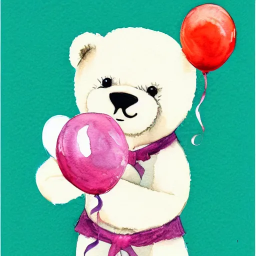 Image similar to watercolor cute animated teddy bear holding birthday balloons, white background,