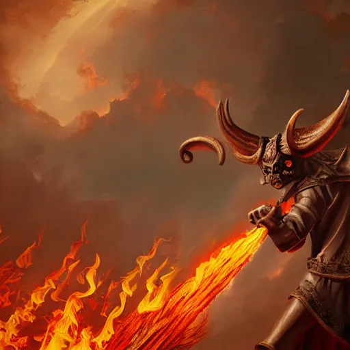 Image similar to ram horned catholic monk brings fire down from the sky, medieval style, trending on artstation, highly detailed, digital painting, volumetric light, concept art, sharp focus, illustration