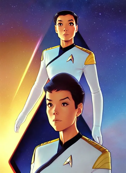 Image similar to cute star trek officer ferando torres, natural lighting, path traced, highly detailed, high quality, digital painting, by don bluth and ross tran and studio ghibli and alphonse mucha, artgerm