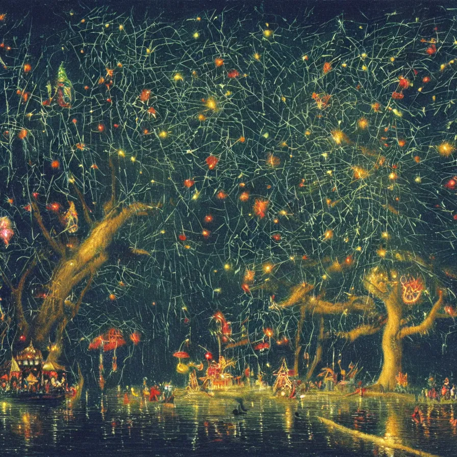 Image similar to closeup of a night carnival around a magical in a summer storm, tree cavity with a music scenario with many fireworks and christmas lights, next to a lake with iridiscent lake water, volumetric lightning, folklore people disguised with fantastic creatures in a magical forest by summer night, masterpiece painted by paul gustav fischer, scene by dark night environment, refraction lights, five star stories