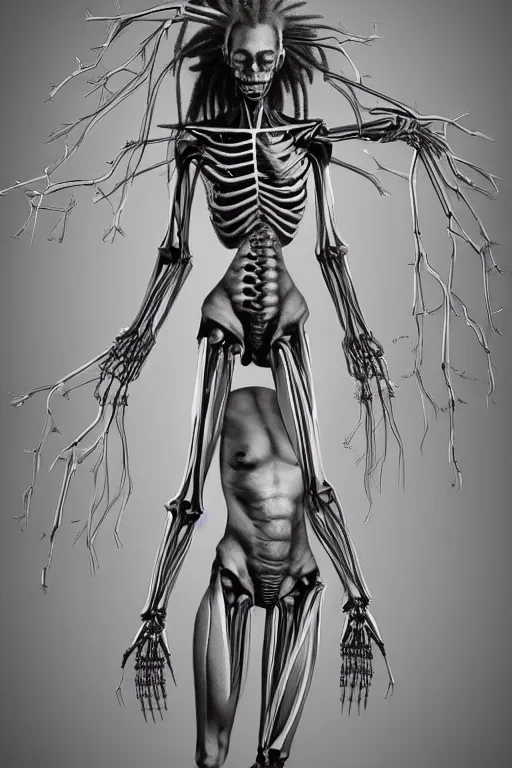 Image similar to symmetry!! full body african female anatomy concept, dreadlocks, medical anatomy, cybernetic limbs, gun metal grey, nano machine, muscular system reference, aluminum skeleton, anatomical art, digital art, in the style of amanda lilleston, luka mivsek, bryan christie, ranjit ghosh, artstation, pinterest, deviantart, photoshop, unreal engine