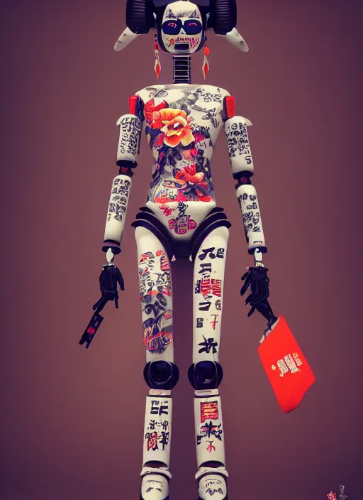 Image similar to full body photo of a punk geisha robot with kanji tattoos and decals wearing a digital pixelated kimono, intricate design, photo - realistic, octane render, ultra fine detailed, character design, trending on artstation