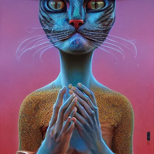 Image similar to a cat having an ego trip, by alex grey, by Esao Andrews and Karol Bak and Zdzislaw Beksinski and Zdzisław Beksiński, trending on ArtStation