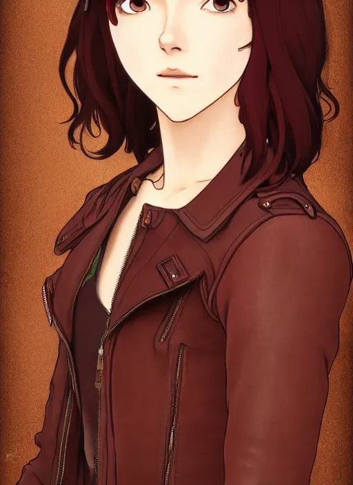 Image similar to pretty young woman with shoulder length dark red hair and wearing brown leather jacket, path traced, highly detailed, high quality, digital painting, by studio ghibli and alphonse mucha, leesha hannigan, makoto shinkai, disney