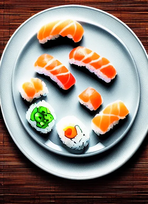 Prompt: clear photorealistic picture of simple cute cat paws made from sushi rice, sitting on sushi plates with garnish