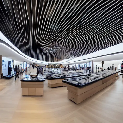 Image similar to A flagship Samsung store. black walls. timber floor. high ceilings with spots. wood furniture with large digital screen. display tables with phones and tablets, pots with plants, digital screens on the walls, Architectural photography. 14mm. High Res 8K. award winning architectural design inspired by a Zaha Hadid, Foster and Partners, Calatrava, Retaildesignblog.net, high-tech, sci-fi