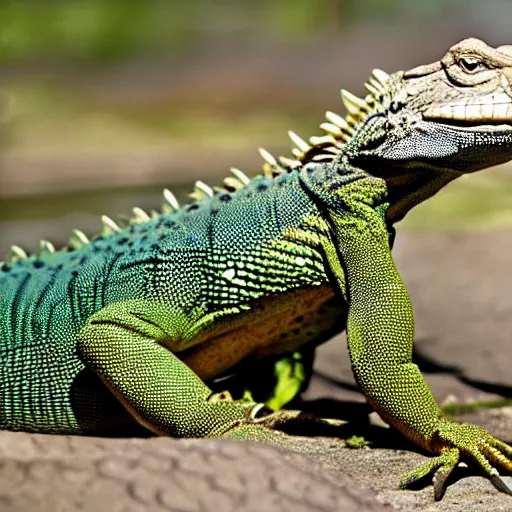 Image similar to crocodile and iguana hybrid, half crocodile half iguana