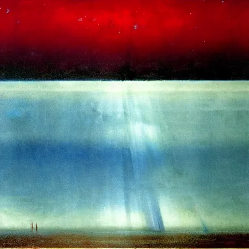 Image similar to the epic abstract painting'blue arctic void with black and red aurora borealis above a tiny inuit village ', by caspar david friedrich!!!, by rothko!!!, stunning masterpiece, trending on artstation