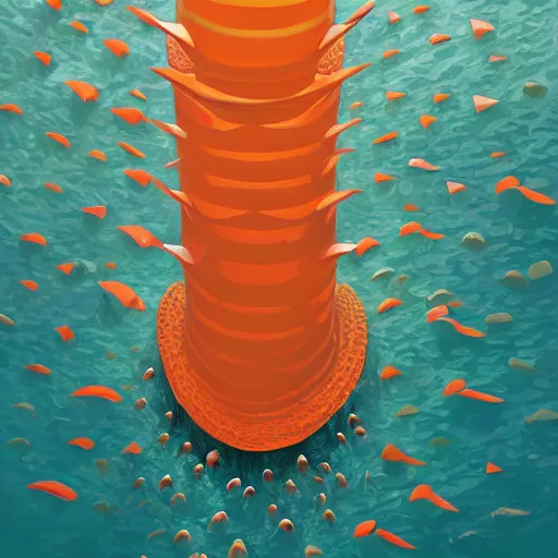 Image similar to orange and white striped traffic cone with 5 rows of shark teeth breaking through the cracks, ocean background detailed atmospheric - ron cheng & alphonse mucha, highly detailed, digital painting, ray tracing, concept art, illustration, smooth sharp focus, intricate, symmetry, artstation,