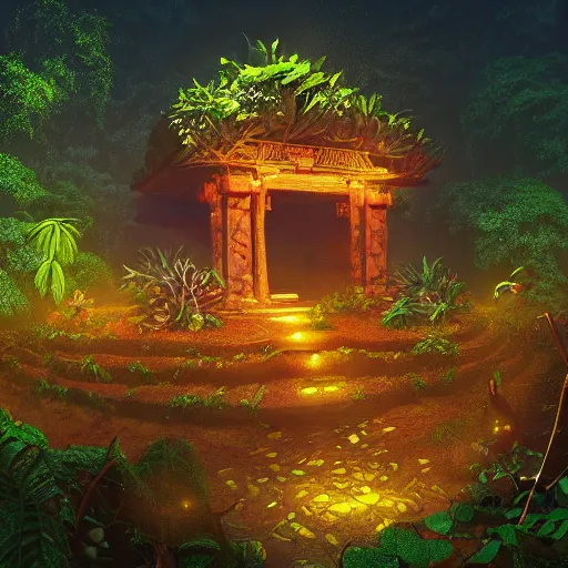 Prompt: a jungle temple surrounded by fireflies and vines, professional photo, professional lighting, instagram photo, trending on artstation, hdr