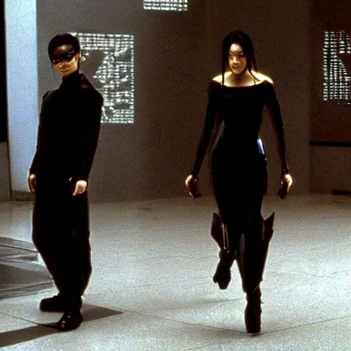 Image similar to photo still of actress miku hatsune as trinity in the matrix ( 1 9 9 9 )