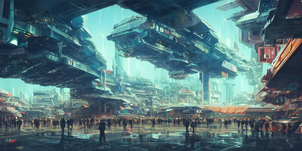Image similar to a huge bustling futuristic space station at the edge of the universe, filled with people and shops and bars and neon signs, where the horizon of apocalypse of the gods clashes upon, megastructure, immaculate highly detailed gloss rendering, marc simonetti, shinkai makoto, federico pelat, alena aenami, donna haraway