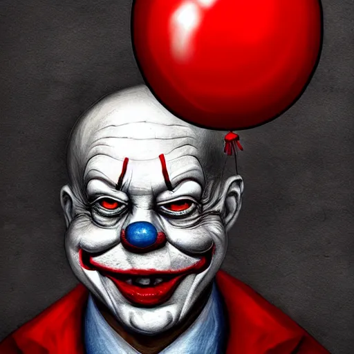 Image similar to surrealism grunge cartoon portrait sketch of a king with a wide smile and a red balloon by - michael karcz, loony toons style, pennywise style, horror theme, detailed, elegant, intricate