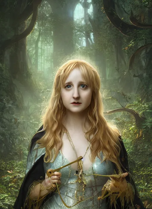 Image similar to Beautiful art portrait of Melissa Rauch as a fantasy gothic priestess in a bright temple surrounded by lush forest, atmospheric lighting, intricate detail, cgsociety, hyperrealistic, octane render, RPG portrait, ambient light, dynamic lighting