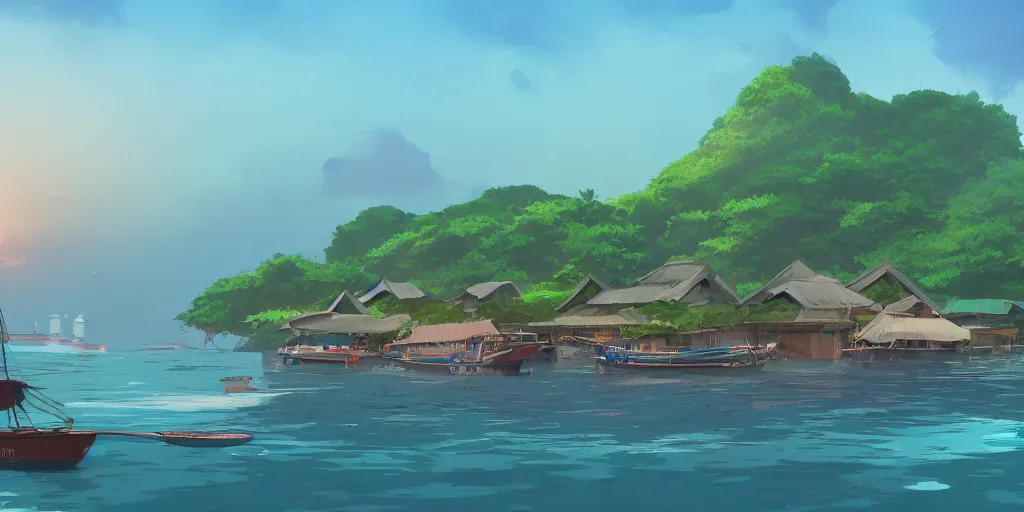 Prompt: pulau indah town, boat in foreground, early morning, detailed matte painting, low angle view, telephoto lens, bokeh, studio ghibli, artstation