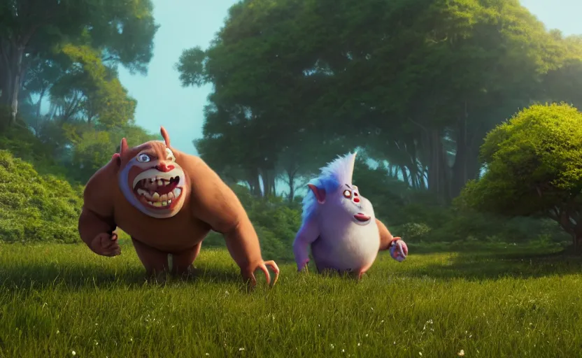 Image similar to a film still of How to train your Troll, medium shot, waist up, studio Ghibli, Pixar and Disney animation, sharp, Rendered in Unreal Engine 5, anime key art by Greg Rutkowski, Bloom, dramatic lighting