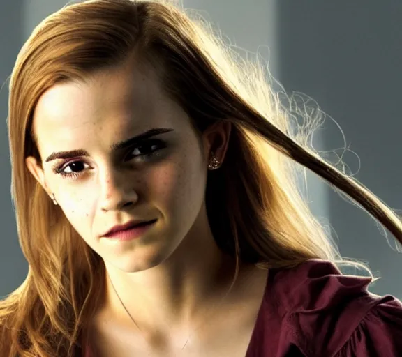 Image similar to color still shot of emma watson as buffy the vampire slayer, face closeup,