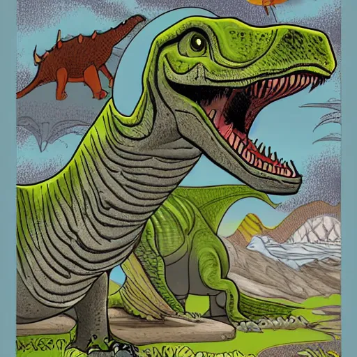 Prompt: dinosaur, happy, antropomorphic, illustration, highly detailed, art by kyle ferrin