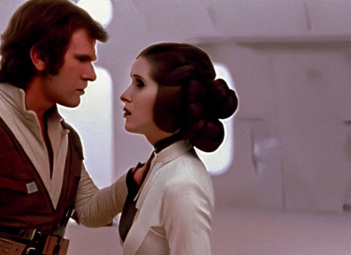 Prompt: screenshot of Han Solo standing next to Princess Leia Organa kiss, alone, pensive, iconic scene from 1970s Star Wars film directed by Stanley Kubrick, in a sci fi nursing home architecture, last jedi, 4k HD, cinematic still frame, photoreal, beautiful portraits, moody lighting, stunning cinematography, anamorphic lenses, kodak color film stock