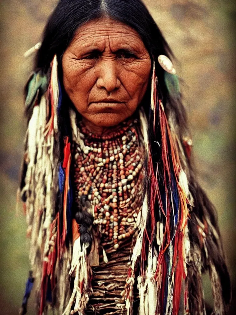 Image similar to “Color Photo of Native American indian woman, portrait, skilled warrior of the Chiricahua Apache, Lozen, wearing traditional clothing, showing pain and sadness on her face, realistic, detailed, shot like National Geographic”