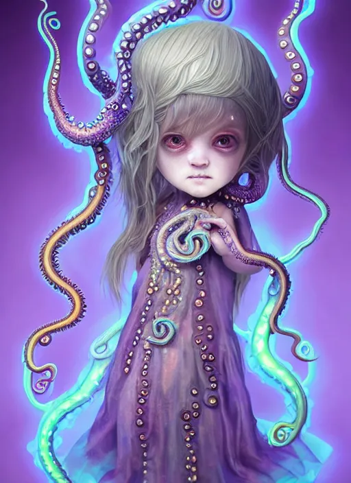 Prompt: A full shot of a cute magical monster Cryptid wearing a dress made of opals and tentacles. Chibi Proportions. Subsurface Scattering. Translucent Skin. Caustics. Prismatic light. defined facial features, symmetrical facial features. Opalescent surface. Soft Lighting. beautiful lighting. By Giger and Ruan Jia and Artgerm and WLOP and William-Adolphe Bouguereau and Loish and Lisa Frank. Sailor Moon. trending on artstation, featured on pixiv, award winning, sharp, details, intricate details, realistic, Hyper-detailed, HD, HDR, 4K, 8K.