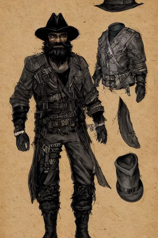 Image similar to character design, reference sheet, 40's adventurer, black beard, stained dirty clothing, straw hat, heavy boots, leather bomber jacket, detailed, concept art, , art by Frank Frazetta