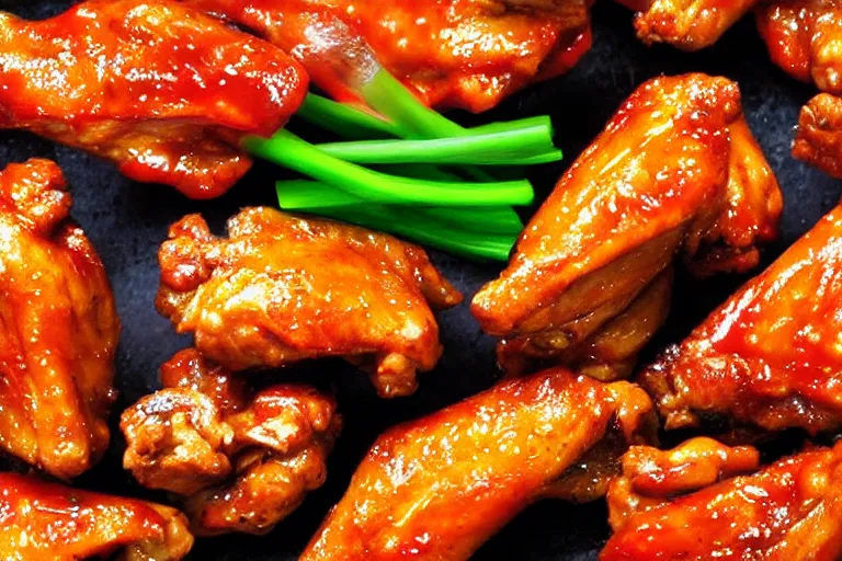 Image similar to a close up cookbook illustration of spicy chicken wings