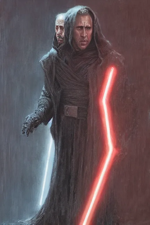 Prompt: Nicholas Cage Sith Lord, star wars, dark fantasy, intricate, highly detailed, smooth, artstation, painted by Wayne Barlowe, Greg Rutkowski, zdislav beksinski, Francis Bacon