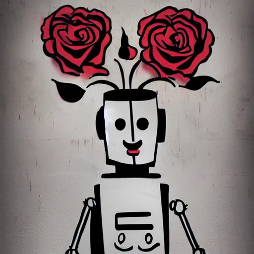 Prompt: a robot holding a rose in the style of Banksy, graffiti, digital art