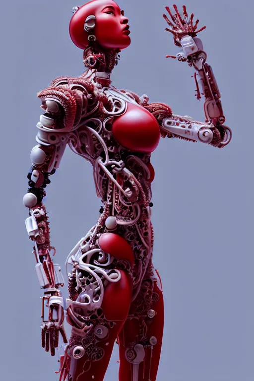 Image similar to a statue made of red marble, of an beautiful chinese girl, full body shot, perfect body, white biomechanical, inflateble shapes, wearing epic bionic cyborg implants, masterpiece, intricate, biopunk futuristic wardrobe, vogue, highly detailed, artstation, concept art, background galaxy, cyberpunk, octane render