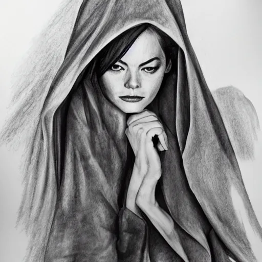 Image similar to hyper realistic pencil drawing of emma stone full body portrait, water color, as an eldritch princess, cloak, fantasy, dark, stunning, detail, sharp