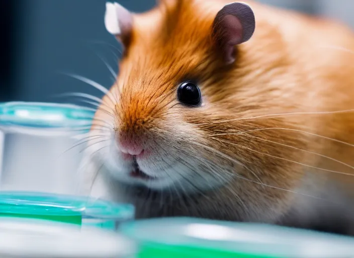 Image similar to film still of a hamster working in a research lab filling test tubes, 8 k