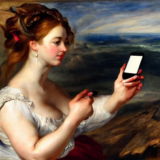 Image similar to heavenly summer sharp land sphere scallop well dressed lady taking a selfie with her iphone auslese, by peter paul rubens and eugene delacroix and karol bak, hyperrealism, digital illustration, fauvist, iphone