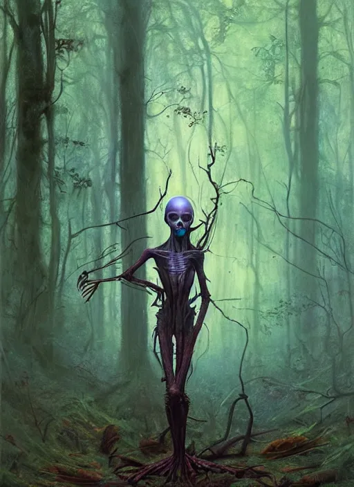 Image similar to hyper realistic spooky alien in the woods in a river gorgeous lighting, lush forest foliage blue sky a hyper realistic painting by chiara bautista and beksinski and norman rockwell and greg rutkowski, tom bagshaw weta studio, and lucasfilm