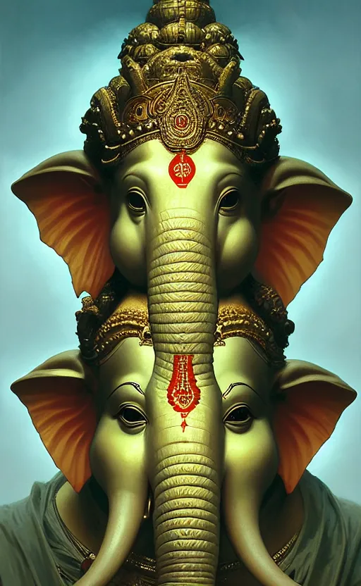 Image similar to a portrait of lord ganesha made of flesh and teeth, backlight, trending on artstation, volumetric lighting, atmospheric portrait, highly detailed, art by greg rutkowski and alphonse mucha