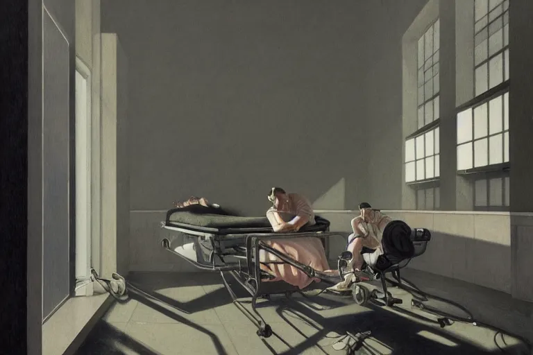 Prompt: detailed ultra - realistic graphic novel illustration of a dystopian hospital scene by edward hopper and gregory crewdson, cinematic, muted colors, cinematic fog, full shot, george adult, carel willink, mc escher, norman rockwell