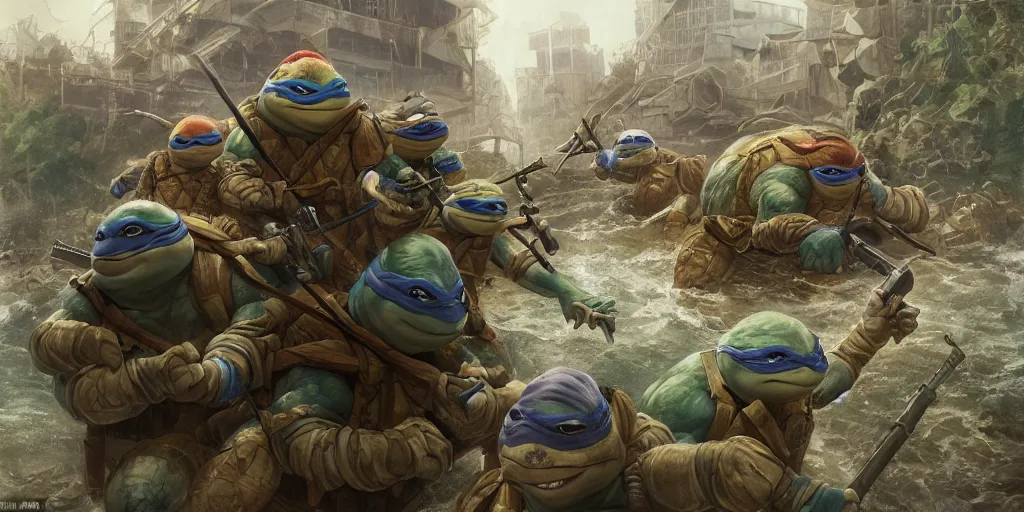 Prompt: ninja turtles escape and two military ( american uniform ) ran to sound the alarm and all the turtles began to descend the water slides, greg rutkowski very coherent symmetrical artwork, hyper realism, 4 k,