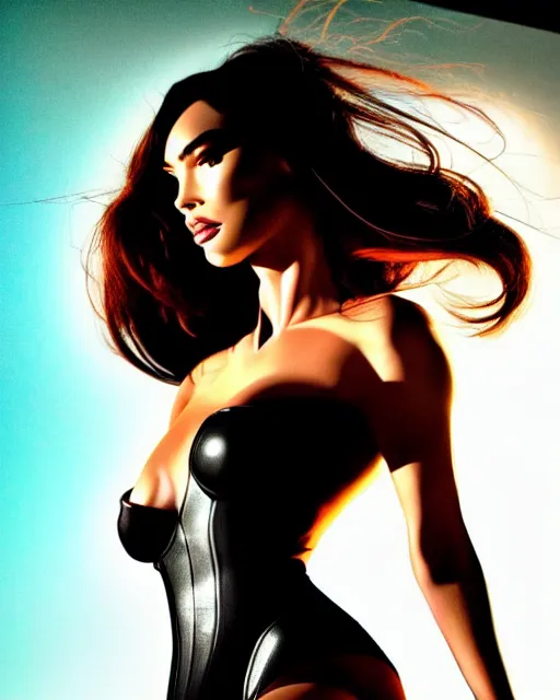 Image similar to low angle closeup beautiful seductive megan fox retro scifi pinup, action glamour pose, windblown dark hair, hyper detailed, digital art, studio lighting, smooth, ambient volumetric lighting, sharp focus, frank miller, wlop, anna dittmann, alphonse mucha, patrick nagle!!, rim lighting, synthwave