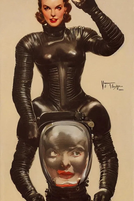 Prompt: 5 0 s pulp scifi fantasy illustration portrait striking elegant mature woman in leather spacesuit by norman rockwell, roberto ferri, daniel gerhartz, edd cartier, jack kirby, howard v brown, ruan jia, tom lovell, frank r paul, jacob collins, dean cornwell, astounding stories, amazing, fantasy, other worlds