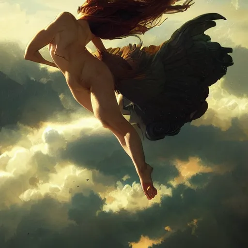 Prompt: Icarus falling from the sky, dramatic light, highly detailed, digital painting, cgsociety , concept art, sharp focus, illustration, art by artgerm and greg rutkowski and alphonse mucha