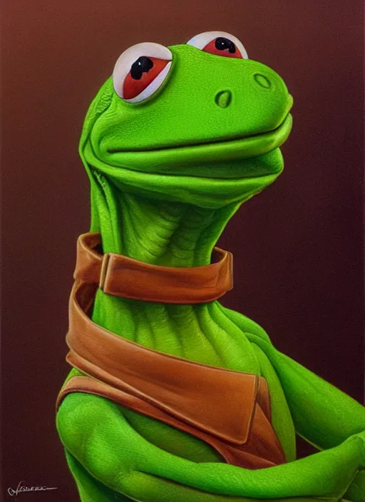Prompt: portrait of kermit the frog in the fly ( 1 9 8 6 ), highly detailed, centered, solid color background, digital painting, artstation, concept art, smooth, sharp focus, illustration, artgerm, donato giancola, joseph christian leyendecker, les edwards, ed repka, wlop, artgerm