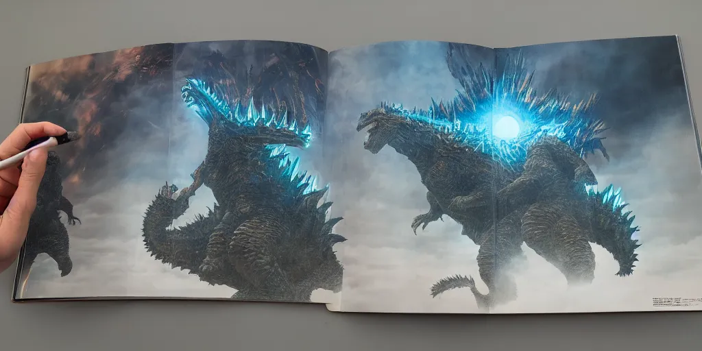 Image similar to Godzilla King of The Monsters, Monster Hunter Illustrations art book, giant, Moebius, Greg Rutkowski, Zabrocki, Karlkka, Jayison Devadas, Phuoc Quan, trending on Artstation, 8K, ultra wide angle, zenith view, pincushion lens effect.