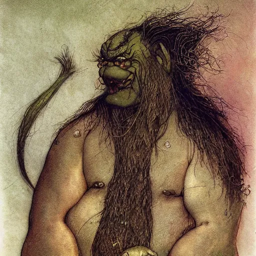 Image similar to slouched ogre, illustration by Brian Froud and John Bauer