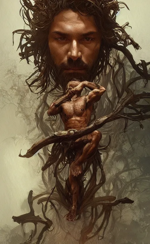 Image similar to portrait of the god of the forest, 30 years old, rugged, male, gorgeous, detailed face, amazing, thighs!!!!!!, muscular, intricate, highly detailed, digital painting, artstation, concept art, sharp focus, illustration, art by greg rutkowski and alphonse mucha